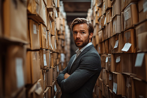 A confident man document specialist in a suit stands in a narrow aisle between, a Person Photo by Textures & Backgrounds