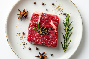 Raw beef steak with rosemary and all, a Food & Drink Photo by Pixeness Studio
