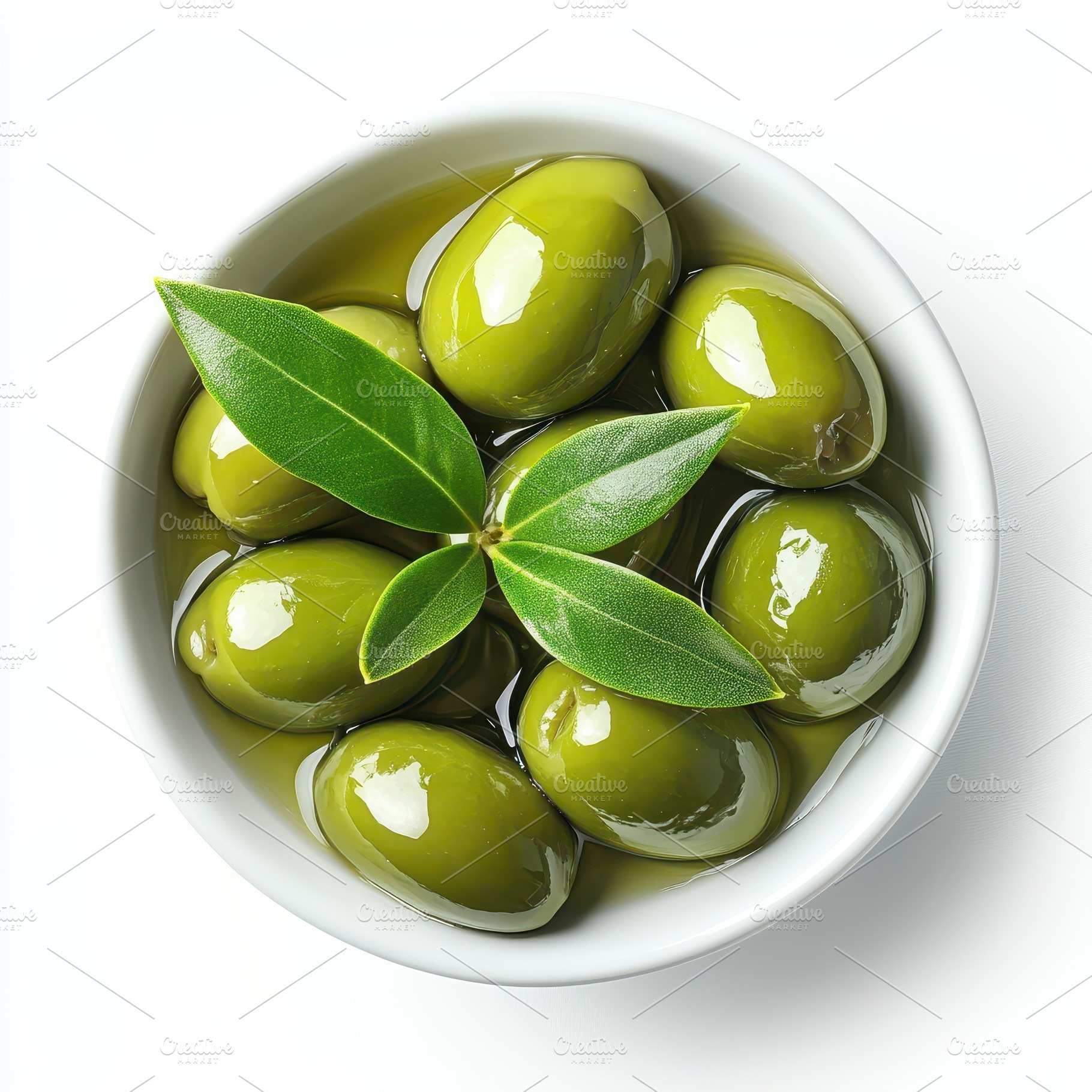 Green Olives in Bowl with Olive Leav, a Food & Drink Photo by Pixeness Studio