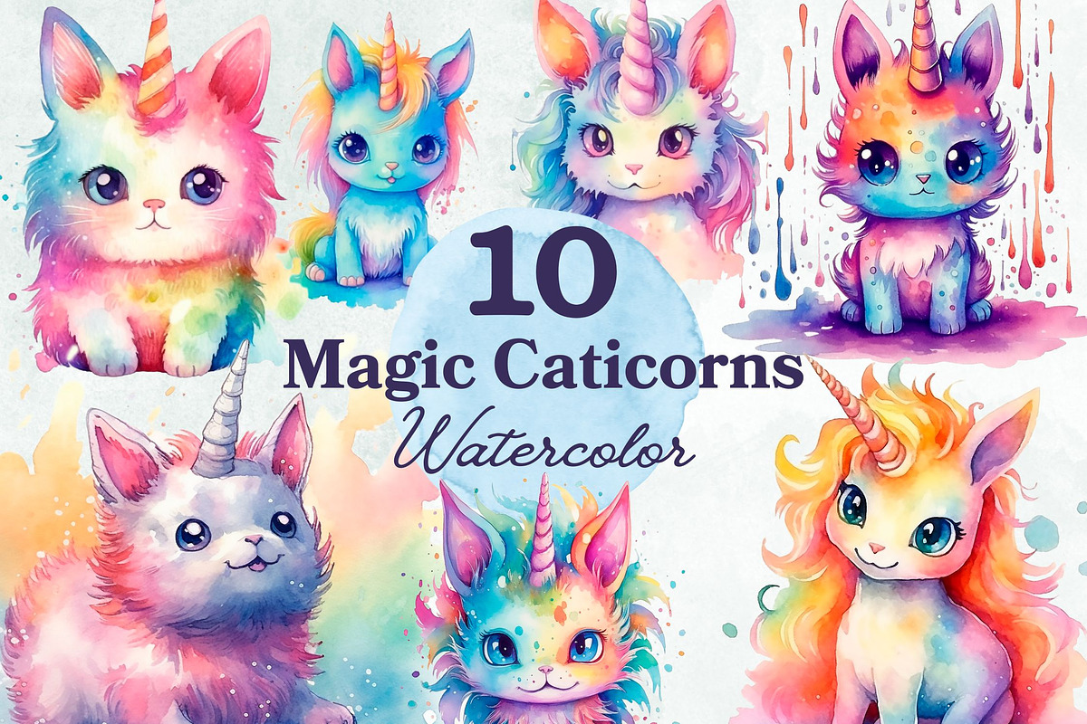 Magic Rainbow Caticorns Watercolor, an Animal Illustration by Loony Dream Designs (Photo 1 of 4)