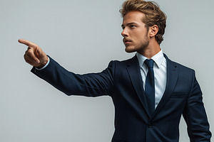 Confident young man in a suit pointing, exuding authority and determination., a Person Photo by ImageMir