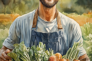 A smiling man holding a basket filled with fresh carrots and greens, standing i, a Person Photo by Textures & Backgrounds