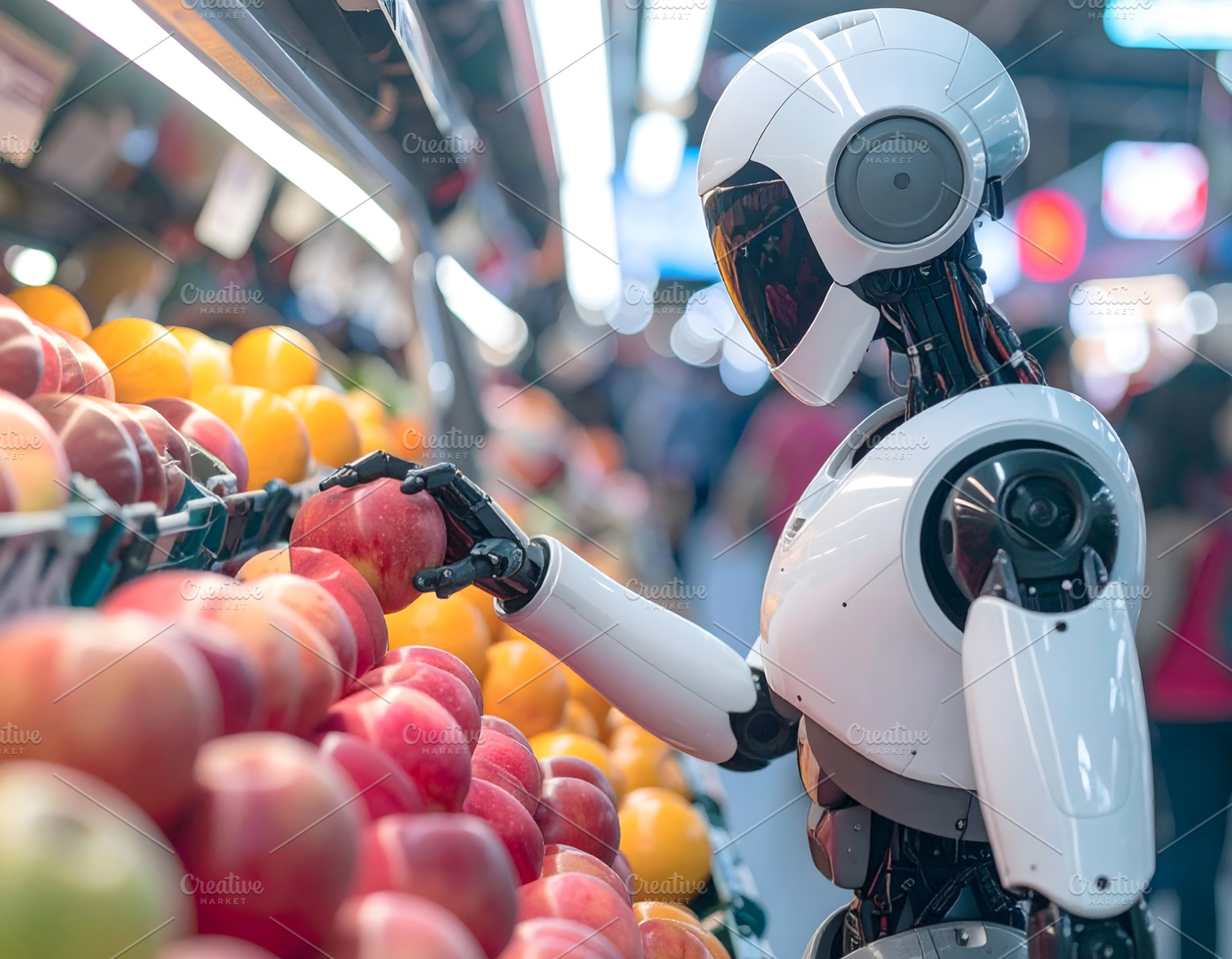 Humanoid robot selecting apples in a modern supermarket aisle, a Food & Drink Photo by GoodGoods