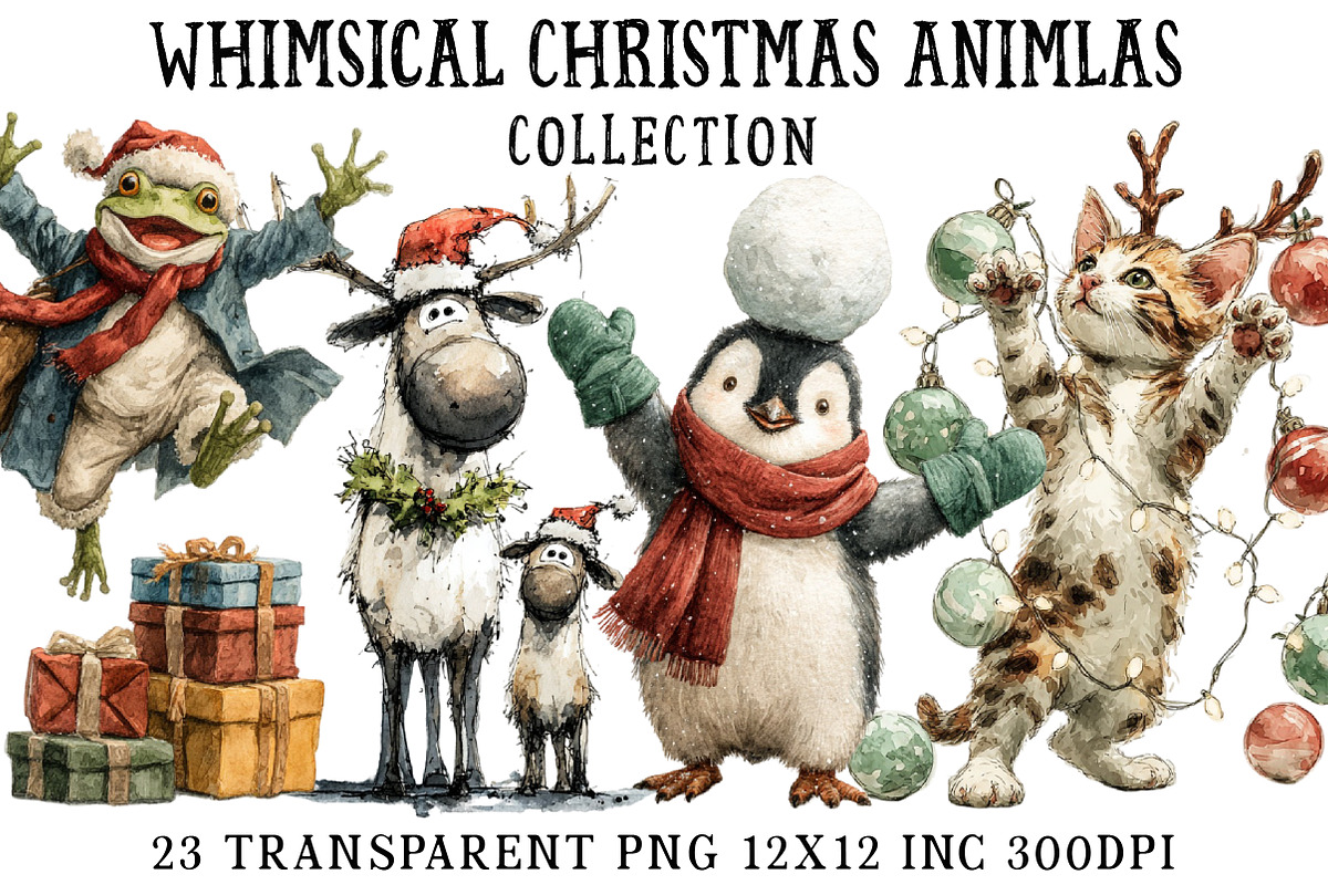 Whimsical Christmas Animals Clipart, an Illustration by OK Design (Photo 1 of 5)