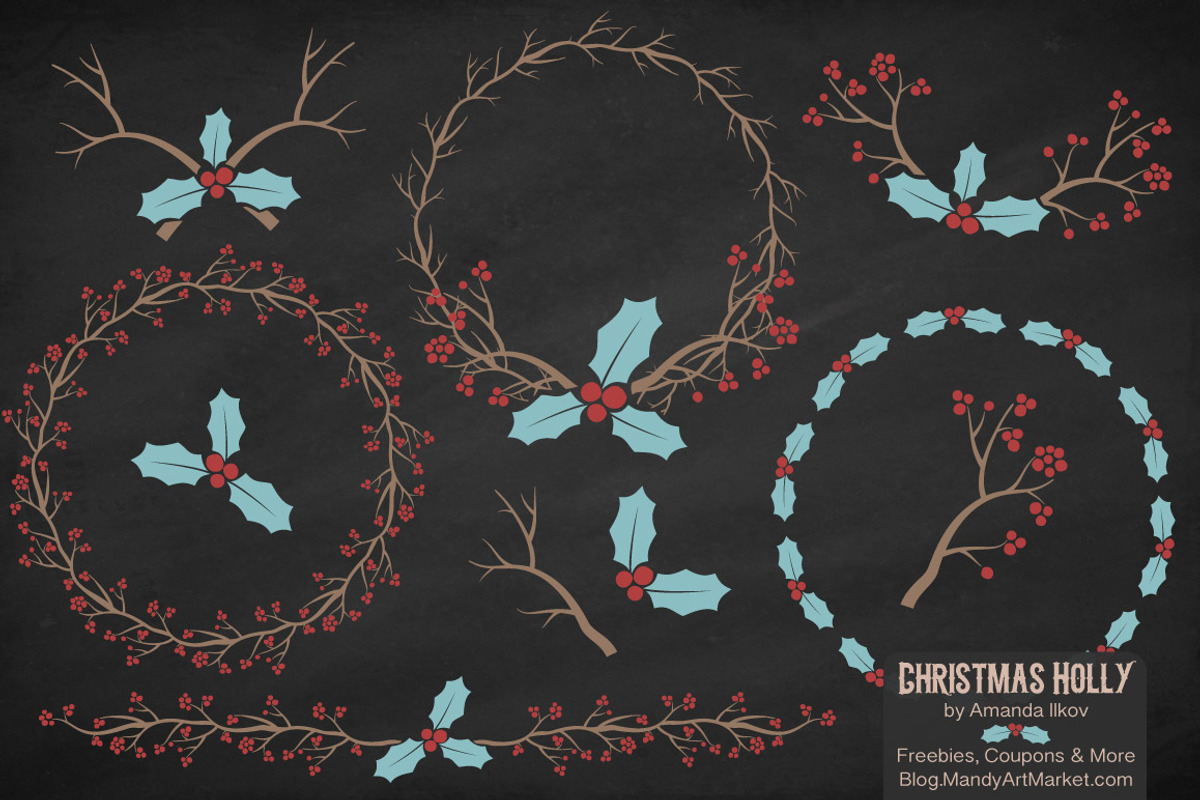 Red & Blue Christmas Holly Clipart, an Illustration by Amanda Ilkov (Photo 2 of 5)