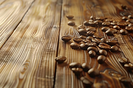 Heap of coffee beans on wooden table, a Food & Drink Photo by AlyaAnd