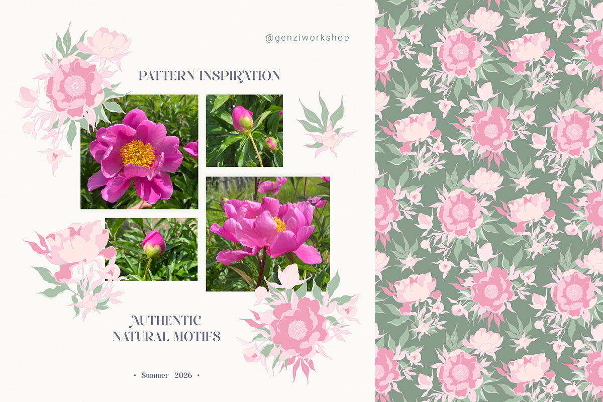 Seamless pattern set with peonies., a Decorative Illustration by GenziWorkshop (Photo 10 of 12)