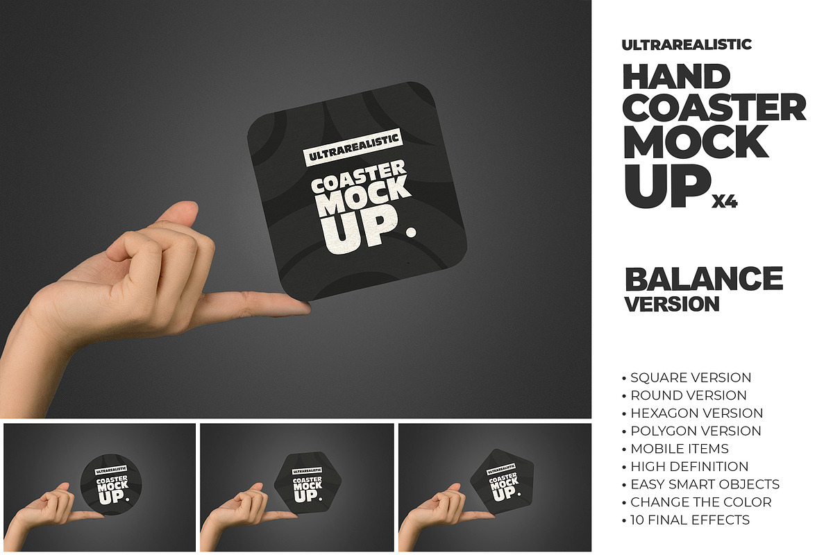 Clean Hand Balance Coaster Mockup x4, a Packaging Mockup by SmartDesigns (Photo 1 of 5)