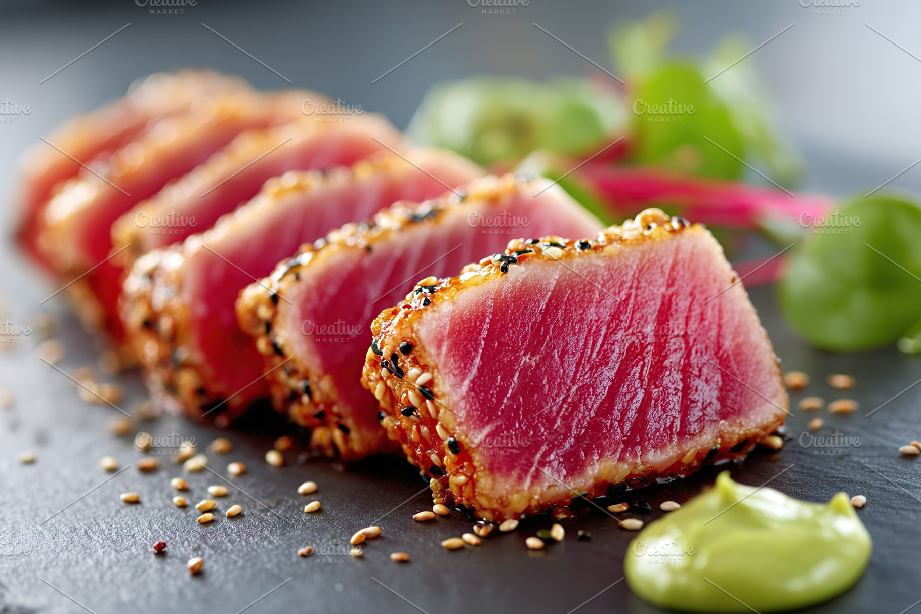 Seared tuna steak with sesame seeds and wasabi, a Food & Drink Photo by AlyaAnd