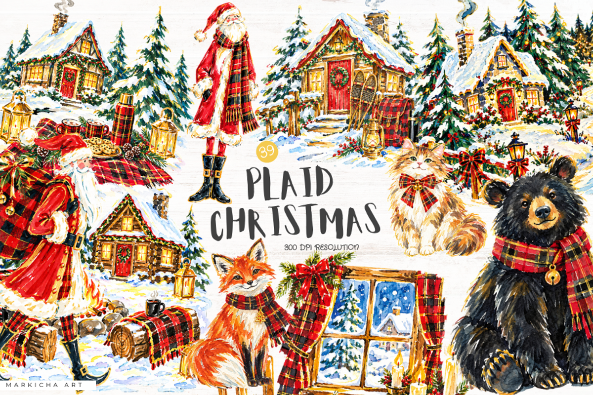Plaid Cottage Christmas Clipart, a Seasonal Illustration by Markicha Art (Photo 1 of 5)