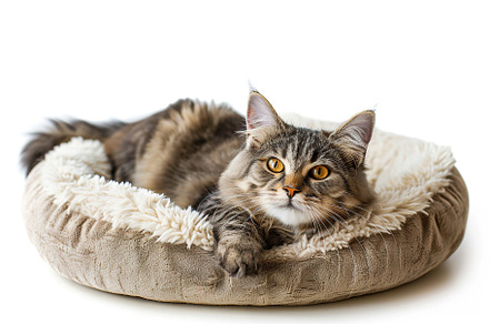 Cute cat lying on soft dog bed on white background, an Animal Photo by AlyaAnd