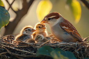 A mother bird protects her three chi, an Animal Photo by Pixeness Studio