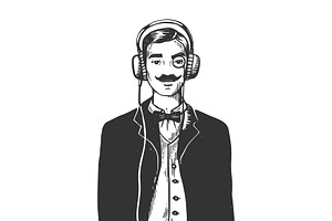 Gentleman With Headphones Engraving Vector