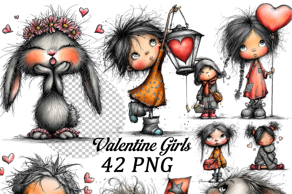 Cute Valentine Girls & Sweet Animals, an Illustration by one-touch (Photo 1 of 9)