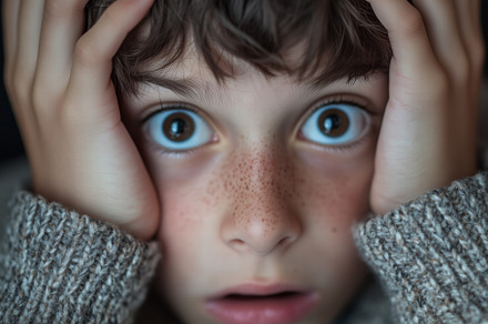 A young boy with curly hair looks shocked and scared, holding his head in his h, a Person Photo by Textures & Backgrounds