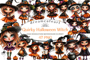 Quirky Halloween Witch Clipart, an Illustration by DreamCafeArt