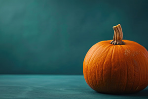 Orange pumpkin on dark teal Halloween copy space, a Food & Drink Photo by José Manuel Gelpi