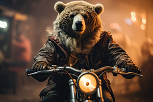 Surreal Image of a Trained Bear Riding a Motorcycle in a Fantastical Circus Set, a Photo by AS photostudio