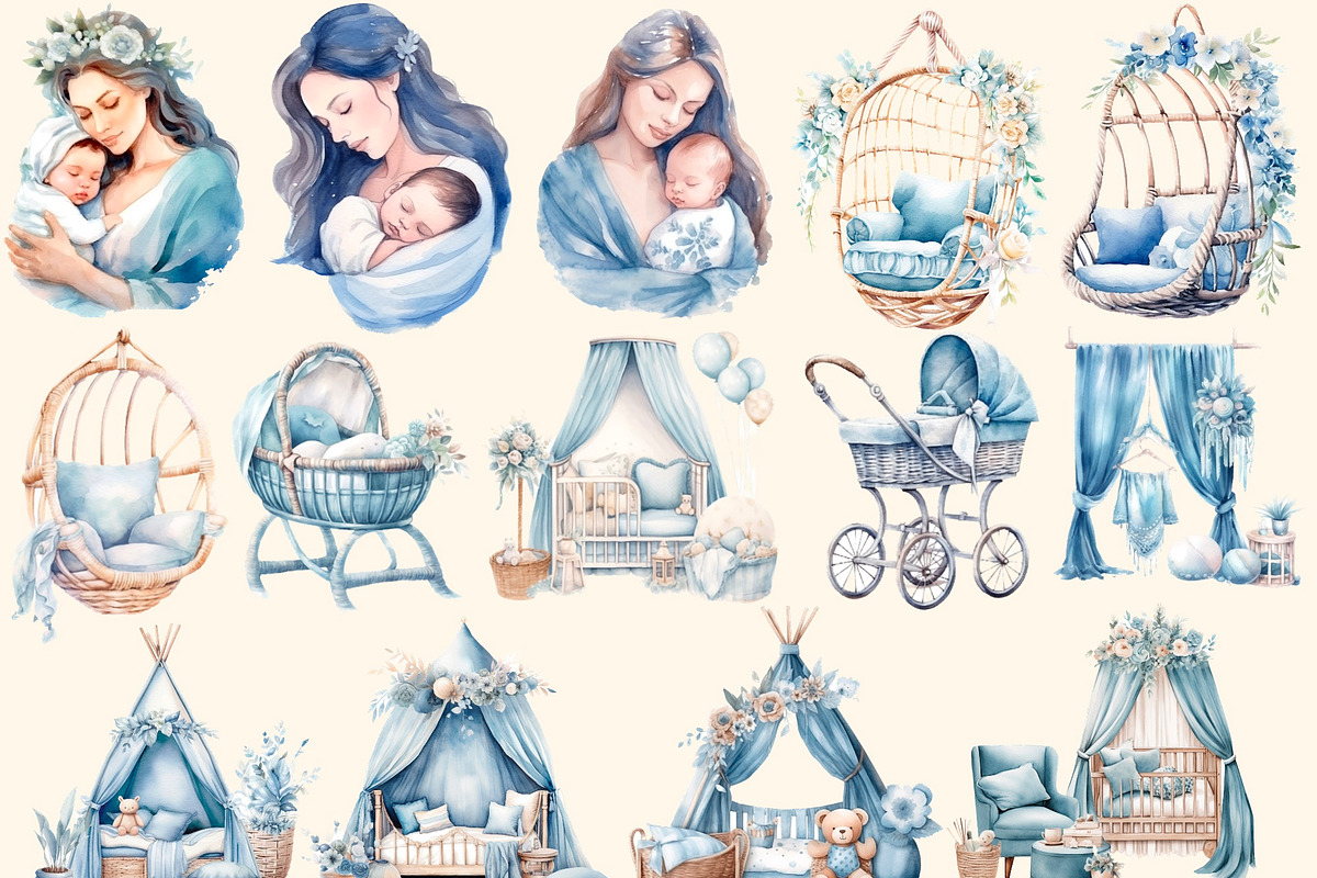 Blue dreams, Boho watercolor clipart, an Illustration by Hello My Print (Photo 4 of 10)