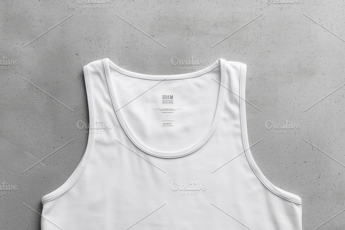 A plain white tank top mockup laid flat on a textured gray surface, showcasing, a Shirt Mockup by Textures & Backgrounds