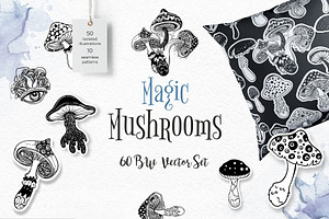 Magic MUSHROOMS. 60 BW Vector Set.