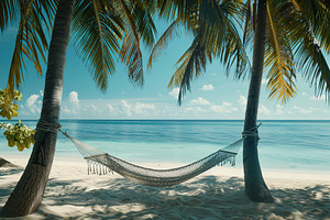 Beach hammock hanging between palm trees, a Photo by AlyaAnd