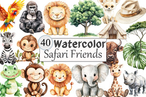 Watercolor Safari Friends Clipart, a Seasonal Illustration by Design Market