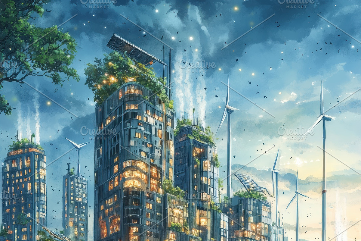 A futuristic cityscape featuring tall buildings adorned with greenery and solar, a Technology Illustration by Textures & Backgrounds