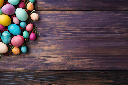 Colorful easter eggs on wooden background, a Holiday Photo by AlyaAnd