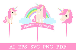 Unicorn Happy Birthday Cake Toppers