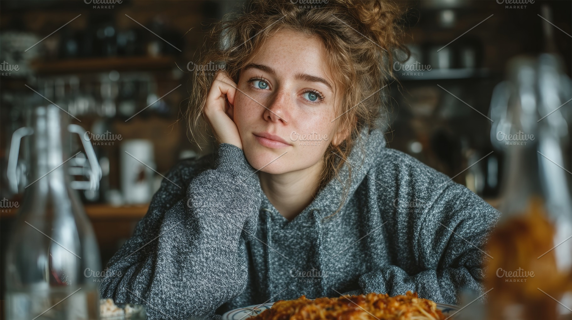 Thoughtful Woman Resting at a Cozy Kitchen Table, a Photo by AS photostudio