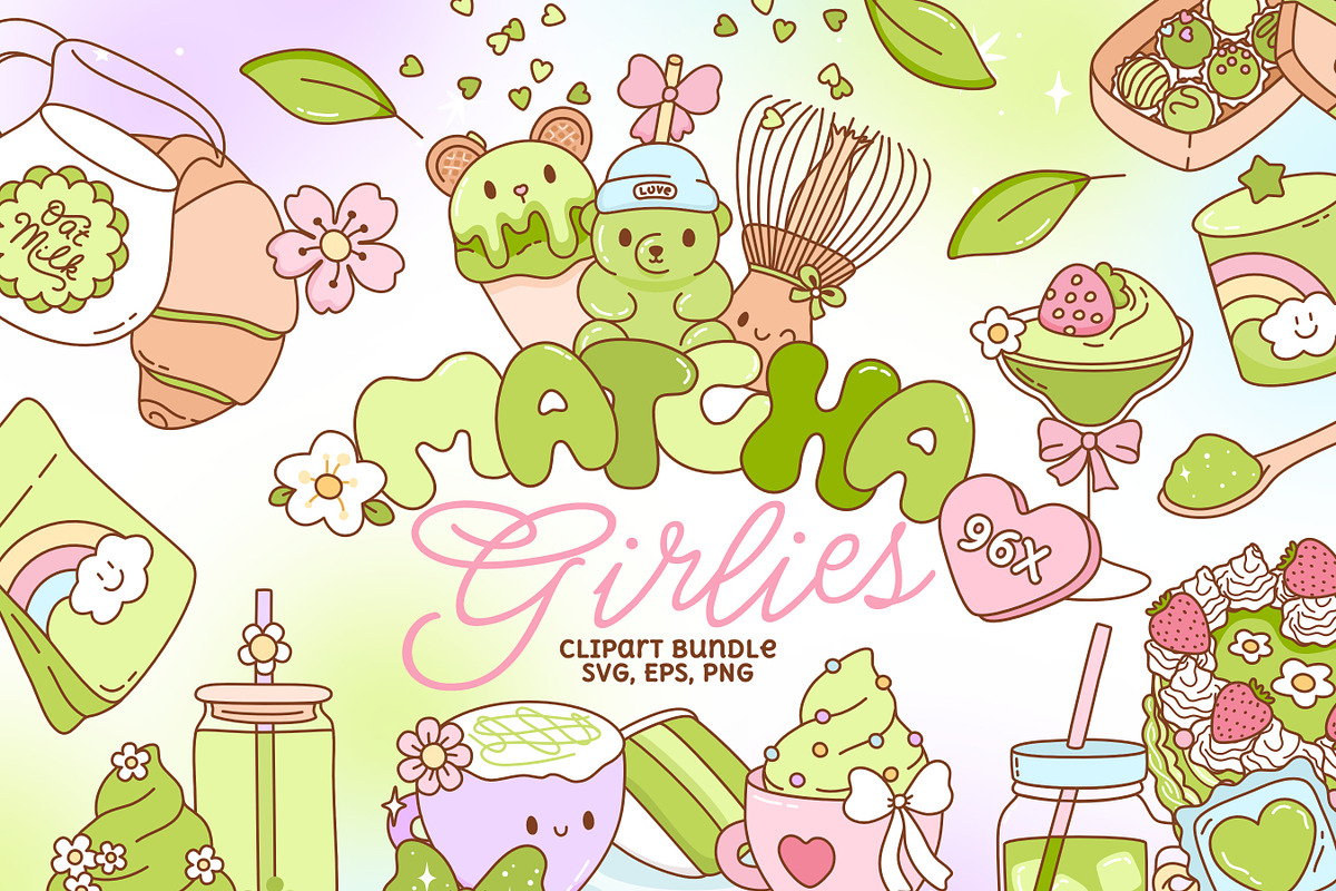 Matcha Girlies Clipart Bundle, a Food Illustration by Huxmay (Photo 1 of 7)