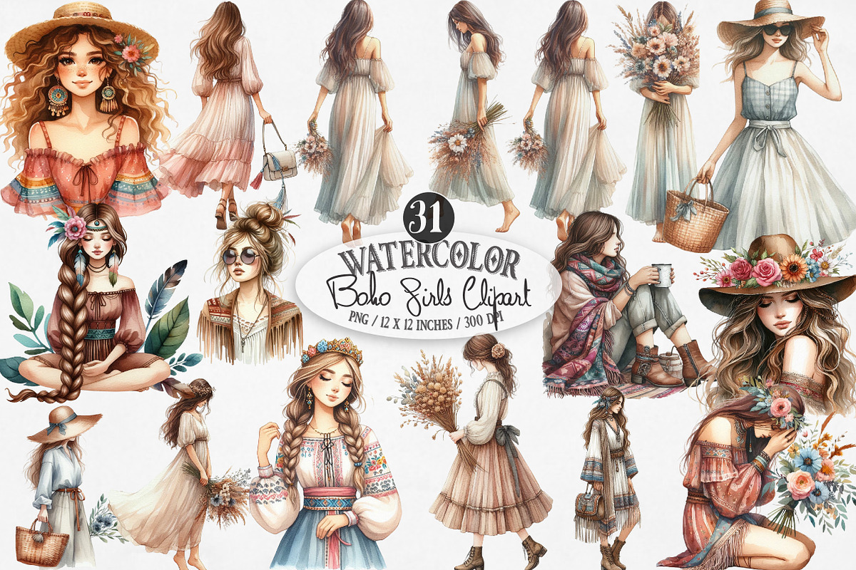 Watercolor Boho Girls Clipart, an Illustration by Designking (Photo 1 of 4)