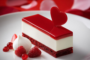 Delicate mousse cake slice with red glaze and heart topping, cel, a Photo by Studio ANNA