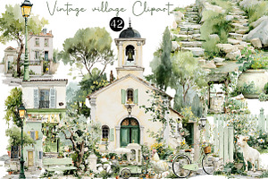 Watercolor Vintage village Clipart, an Illustration by DreamCafeArt