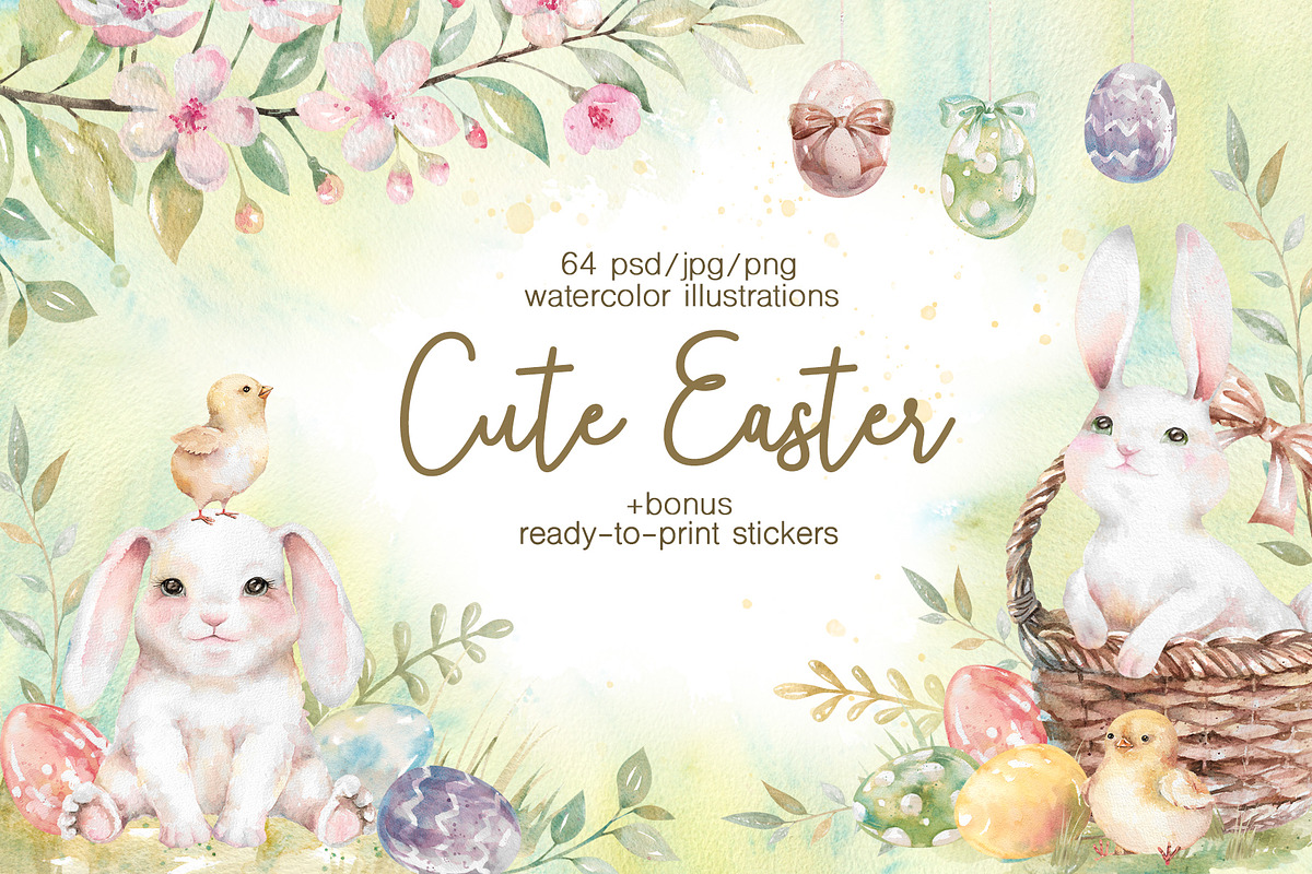 Easter Rabbits watercolor clipart, an Animal Illustration by Eva Kleinman (Photo 1 of 14)