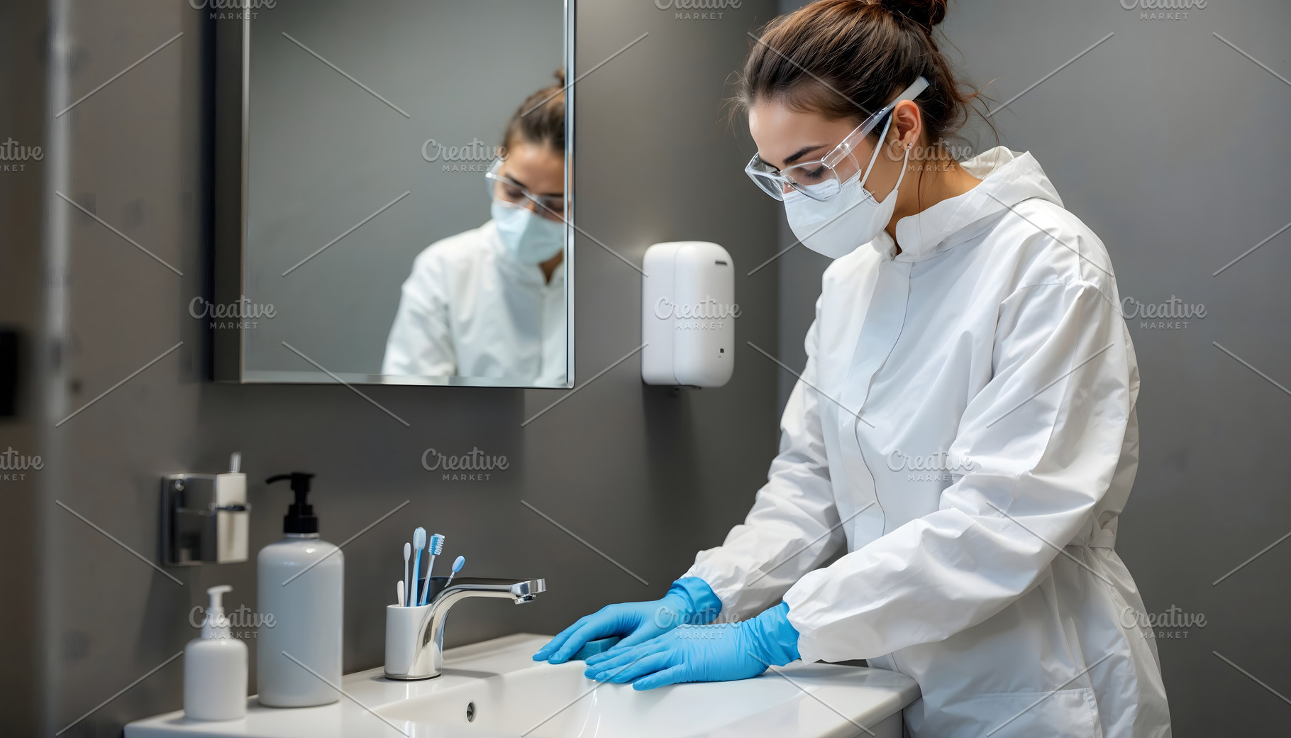 Woman in Hazmat Suit Cleaning Sink i, an Industrial Photo by Stock Shape