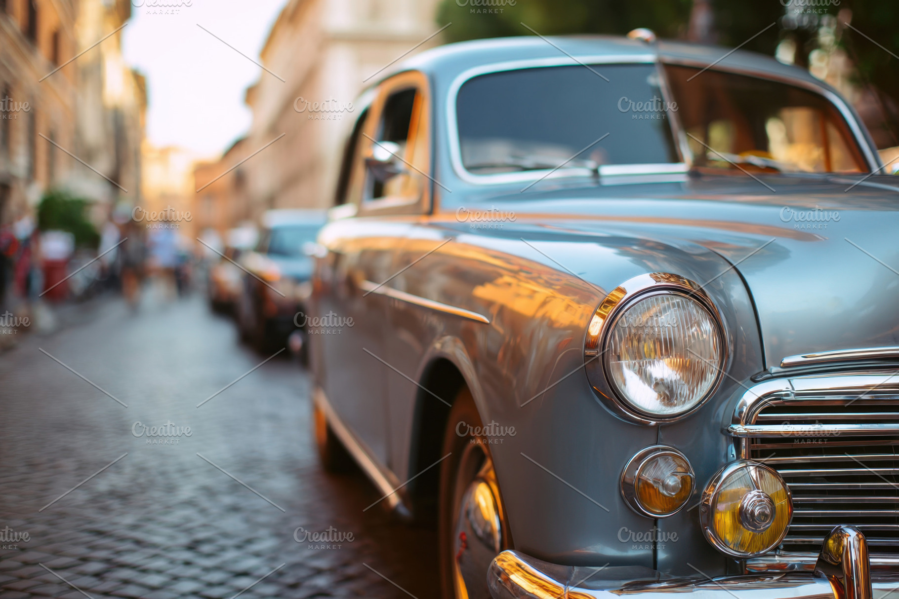 Vintage blue car on a cobblestone street, a Transportation Photo by AlyaAnd