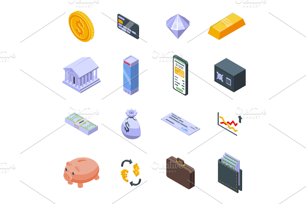 Bank isometric icons. 3d financial, a Finance Illustration by Valerie Bodnar