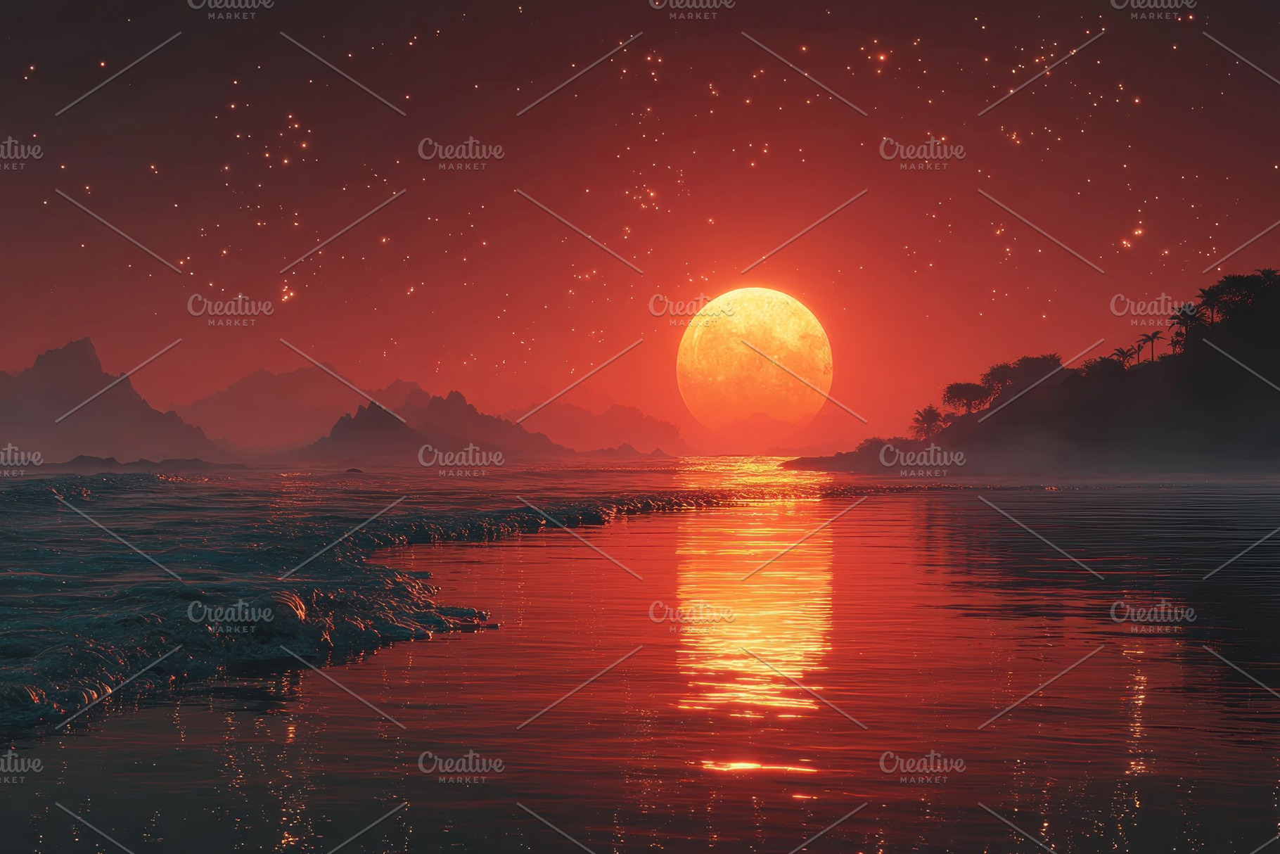 Glowing full moon rising over ocean with starry red sky, silhoue, a Nature Photo by José Manuel Gelpi