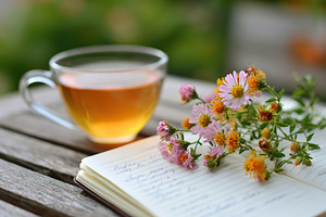 Warm tea beside an open journal with handwritten notes and flowers on a wooden, a Food & Drink Photo by AlyaAnd