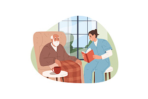 Nurse read to elderly man at nursery, a Healthcare Illustration by Elegant Solution