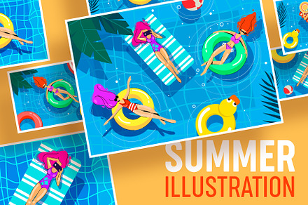 Illustrations of girls in the pool
