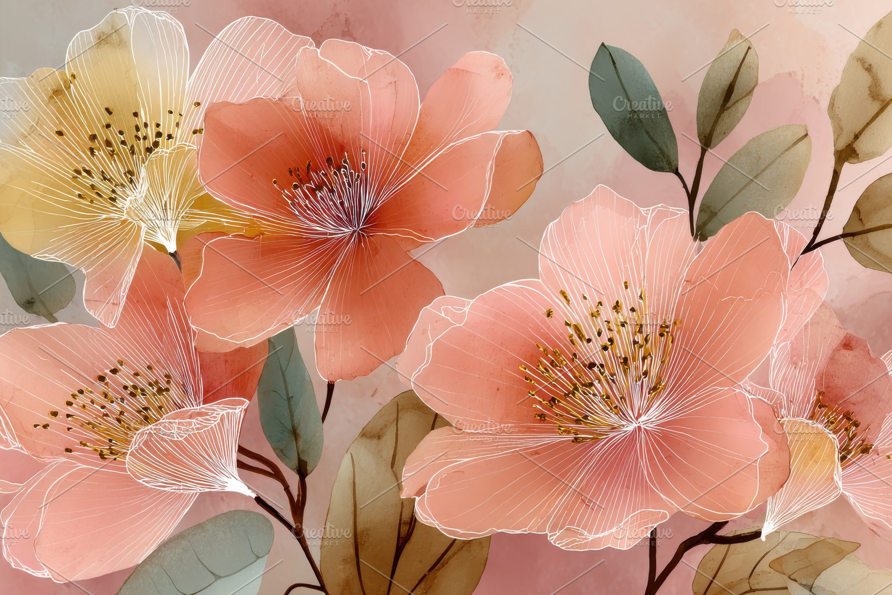Elegant Peach Blossom Watercolor Pai, a Photo by Pixeness Studio