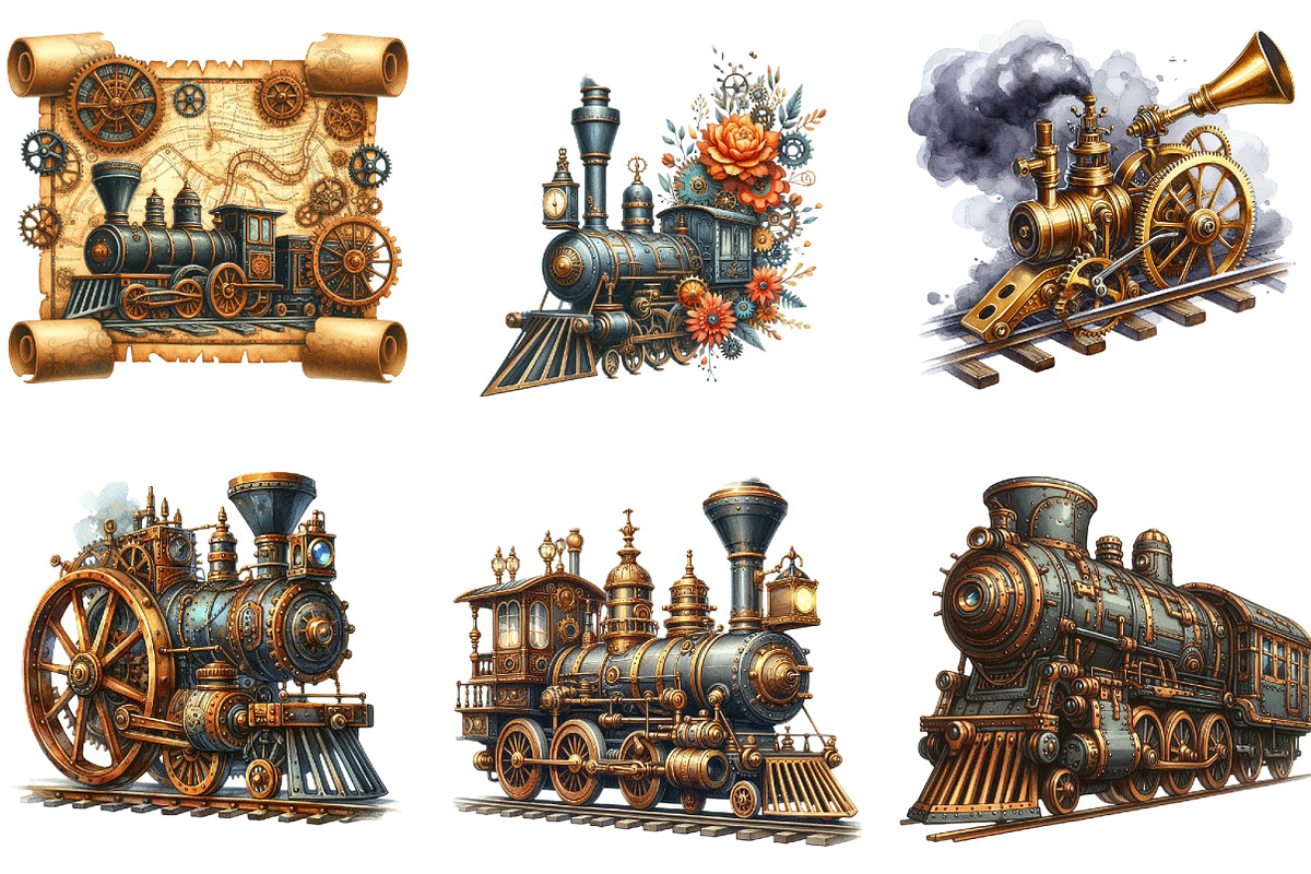 Watercolor Vector Steampunk Trains, a Seasonal Illustration by DreamArtGraphic (Photo 2 of 4)