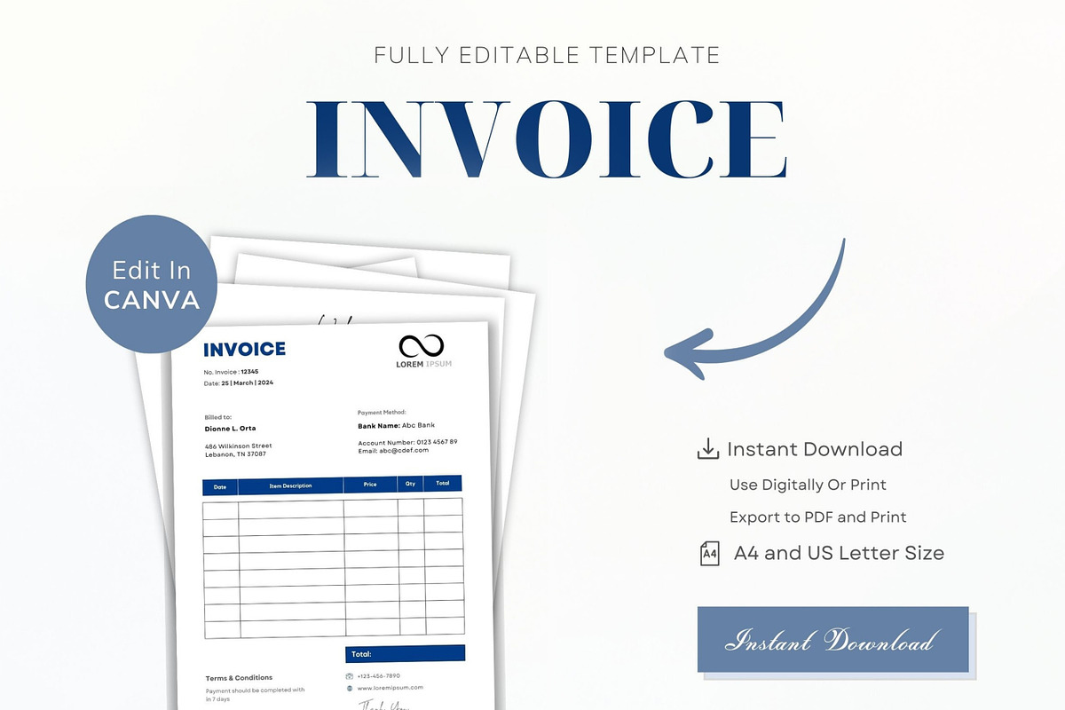 Editable Invoice Template, Printable, a Print Template by BrushstrokeArtGB (Photo 2 of 5)