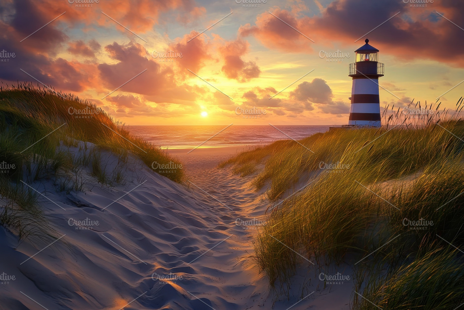 Sunset Lighthouse Beach Seascape San, a Photo by Pixeness Studio
