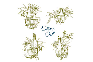 Olive Oil Bottles Vector Sketch Icons Set