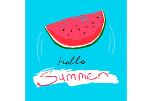 Tasty Watermelon With Text Hello Summer. Vector Colorful Food Illustration And Lettering On A Blue Backround.