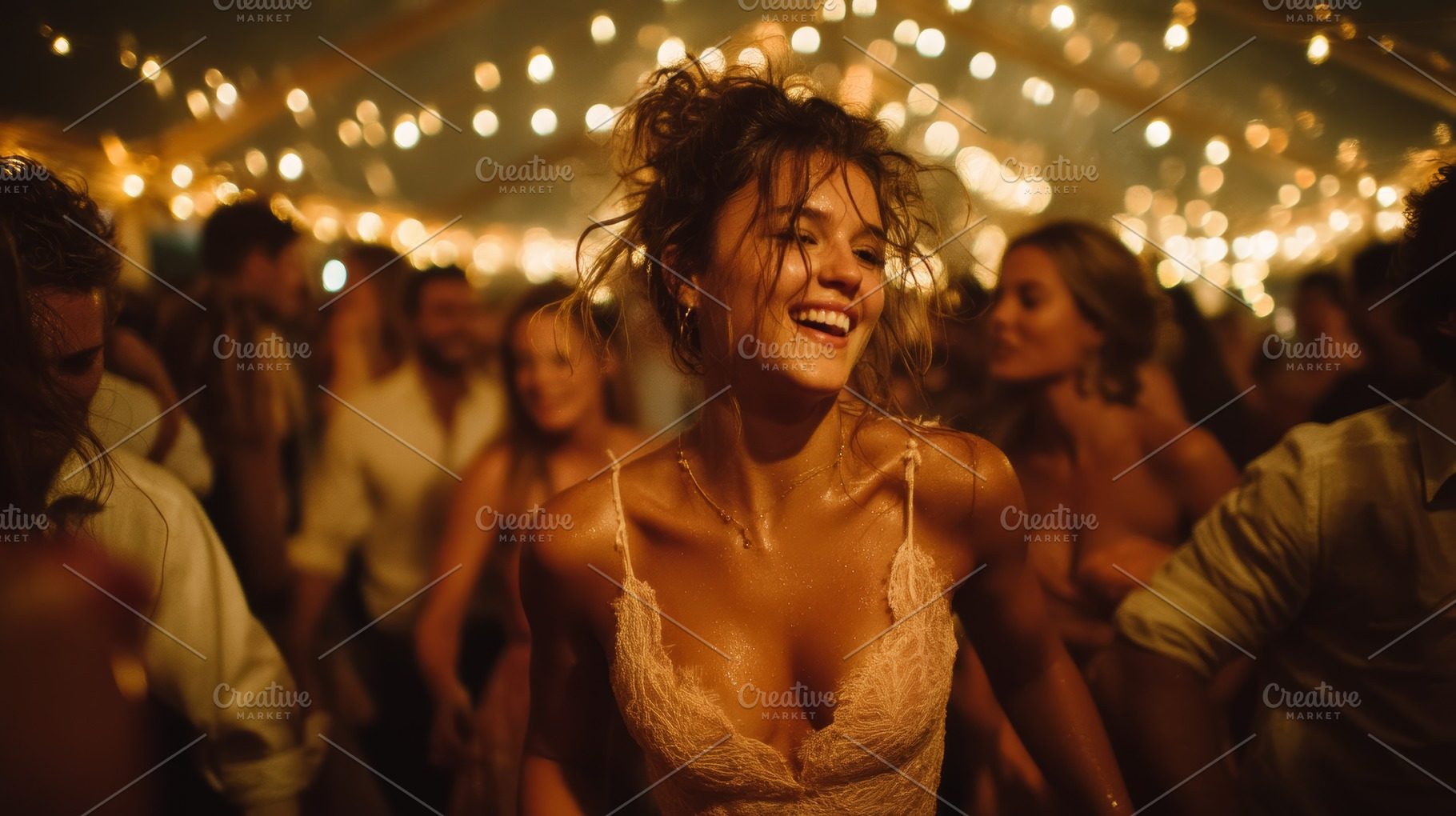 Joyful woman dancing at a vibrant party under string lights, a Photo by AS photostudio